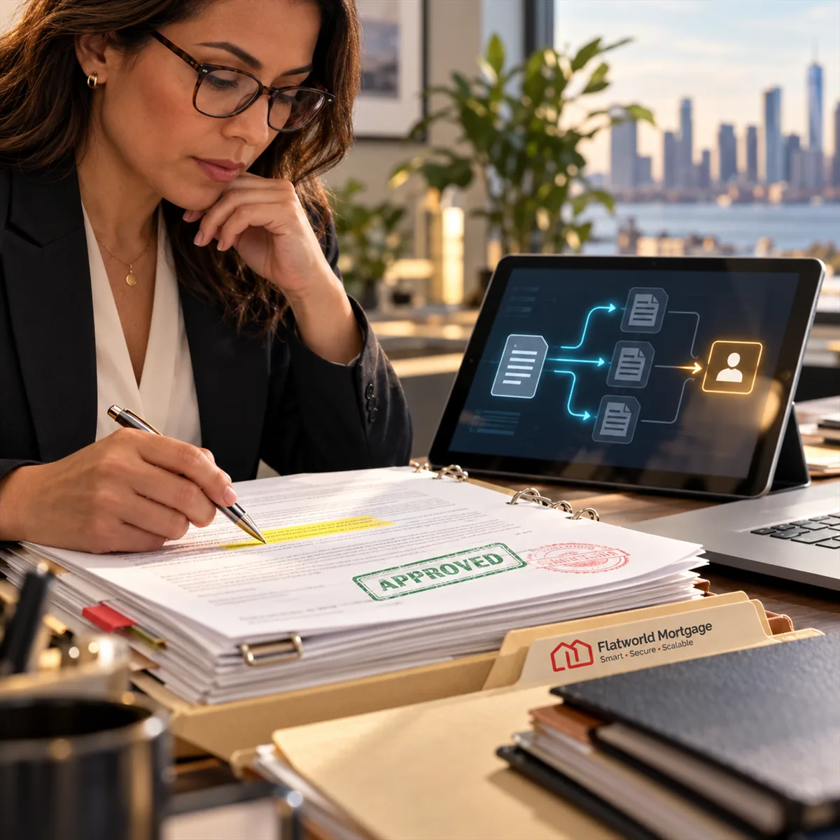 Editorial image of a New Jersey business owner reviewing AI workflow checkpoints and human approval records in a regulated mortgage operations file.