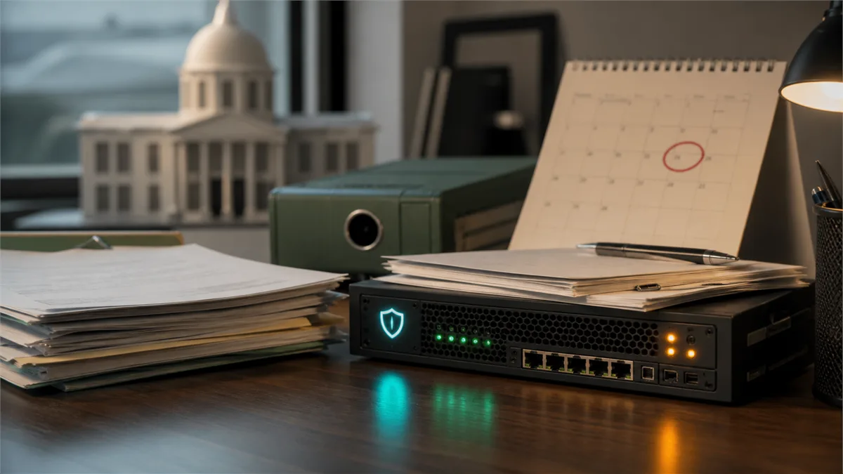 Editorial image showing local government cybersecurity funding, a calendar deadline, and monitored public-service systems