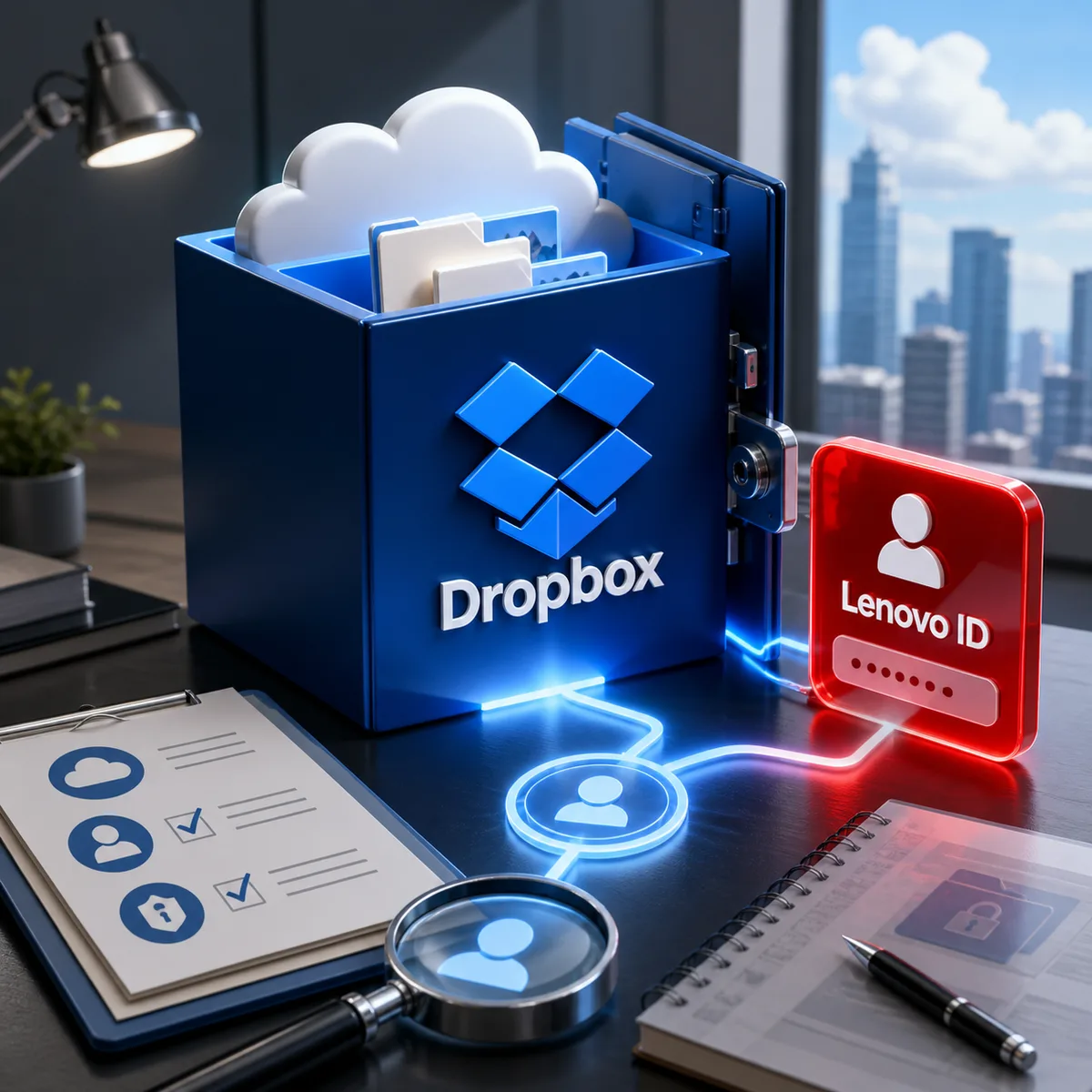 Editorial image showing Dropbox cloud storage access connected to a Lenovo ID sign-in path under review.