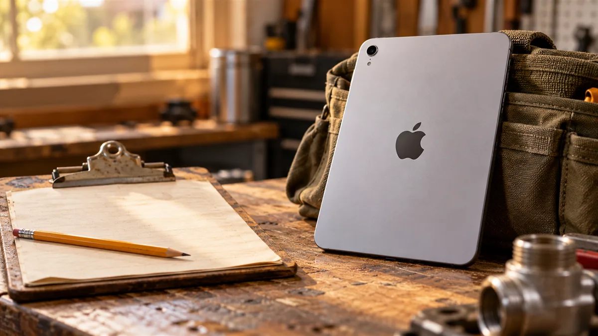 Editorial illustration of an Apple tablet and a clipboard used for field-service paperwork.