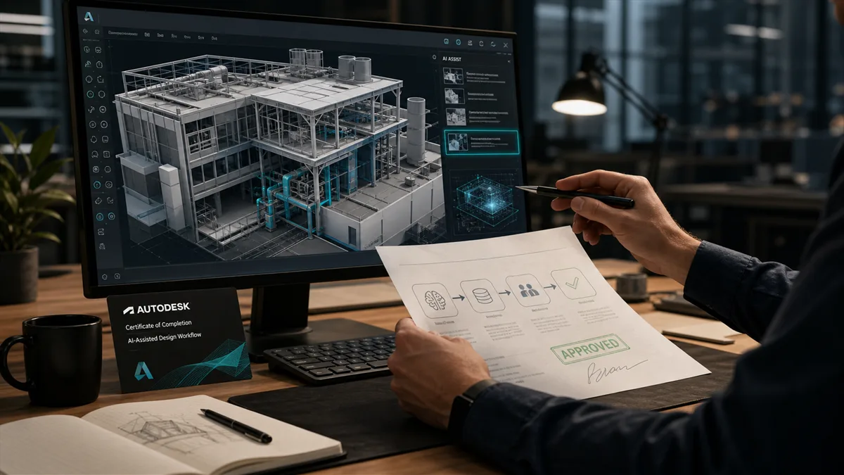 A professional design and manufacturing workspace with AI-assisted tools, training materials, and Autodesk-inspired visual cues.