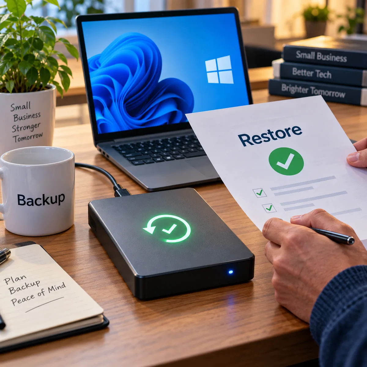 Editorial image of a business owner reviewing Windows backup status and restore proof after a software update.