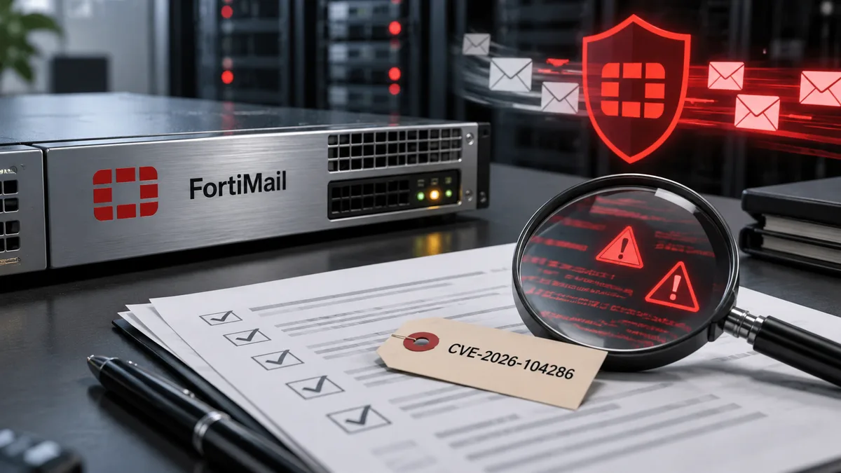 Editorial image of a Fortinet FortiMail email security gateway under review with patch evidence and compromise-check records.
