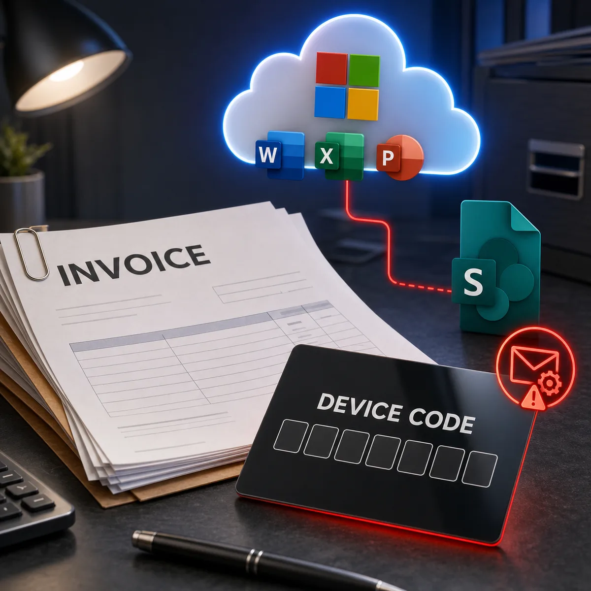 Editorial image about ARToken Microsoft 365 device-code phishing, invoice fraud, SharePoint links, and business email compromise risk.