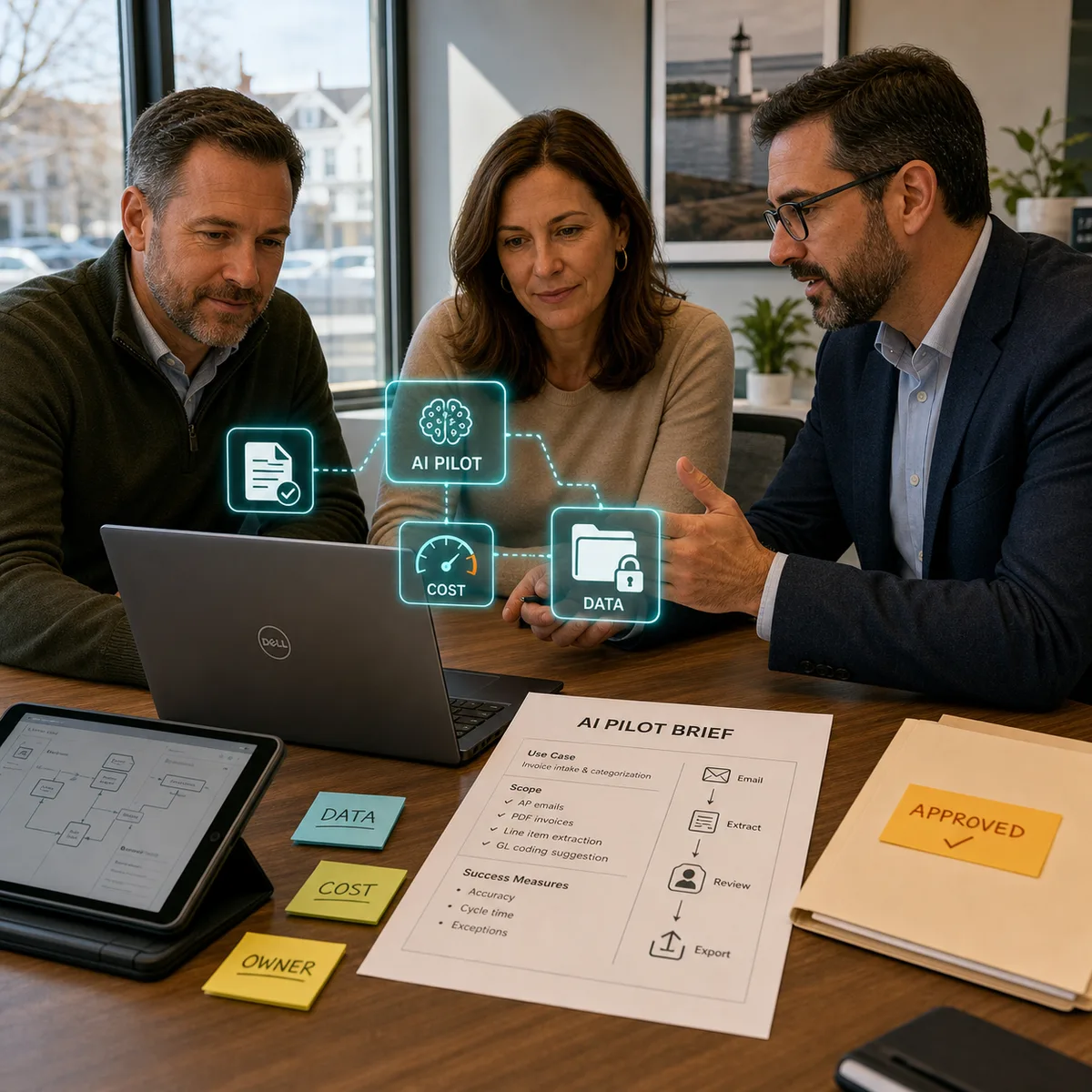 Editorial image of a small business team reviewing a focused AI pilot with use-case, data, cost, and approval controls.
