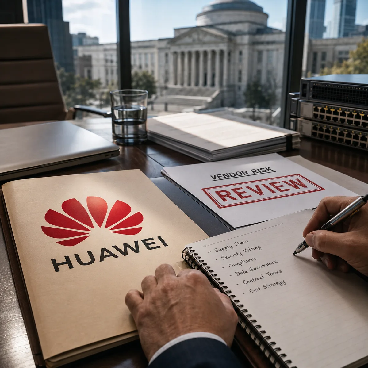 Editorial image of a technology vendor risk review with Huawei and courthouse context.