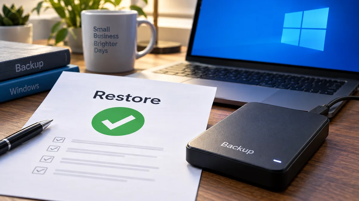 Editorial image of a business owner reviewing Windows backup status and restore proof after a software update.