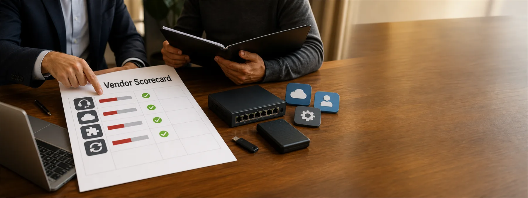 Editorial illustration of a business owner reviewing IT vendor support scores, contracts, cloud services, network security, and recovery plans with an advisor