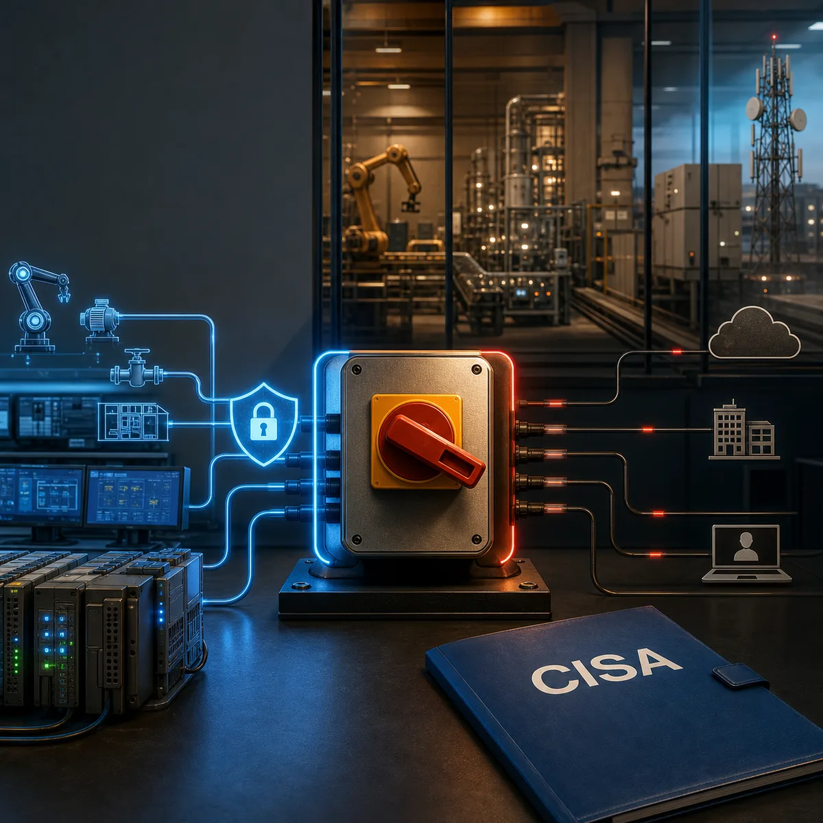 Editorial technology image showing vital operational systems separated from corporate and vendor networks during a cyber incident.