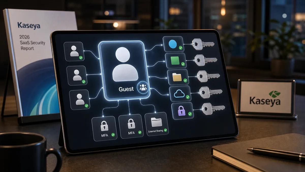 A business laptop showing a SaaS access review dashboard with guest users, app permissions, and external sharing indicators.