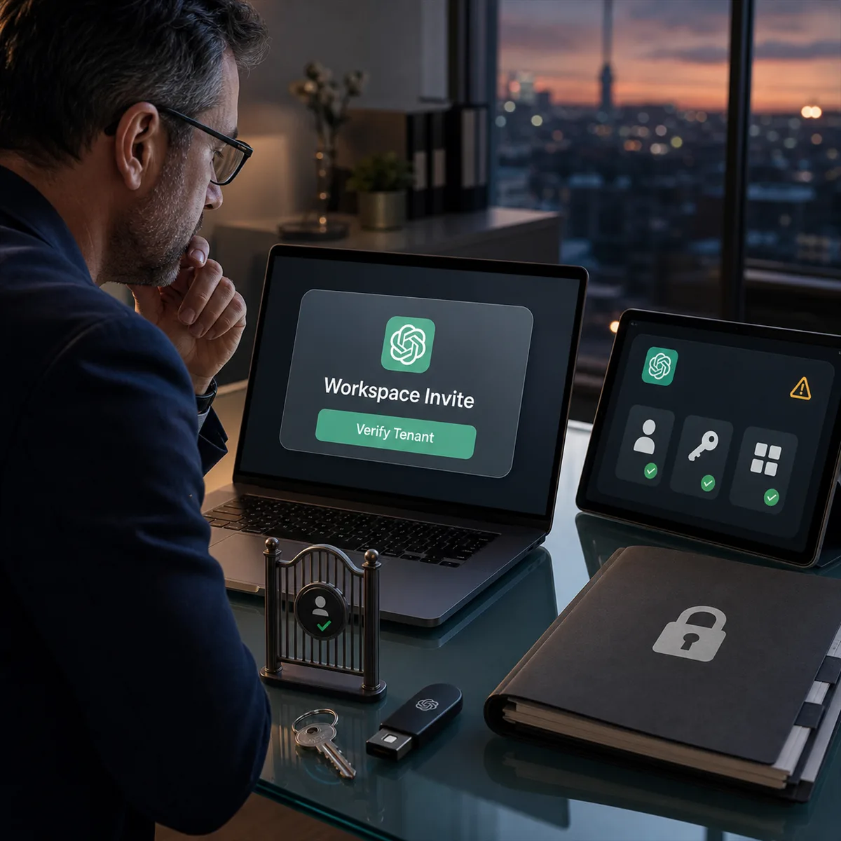 Editorial image showing a business owner reviewing a suspicious AI workspace invitation, with SaaS access controls and tenant verification signals in a modern office.