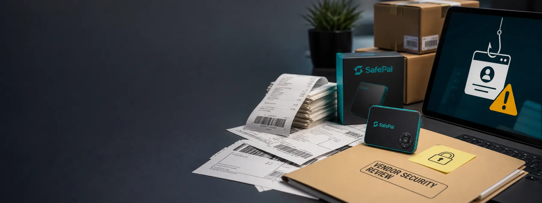 Editorial image showing SafePal order data, a hardware wallet, and phishing warnings around customer information.