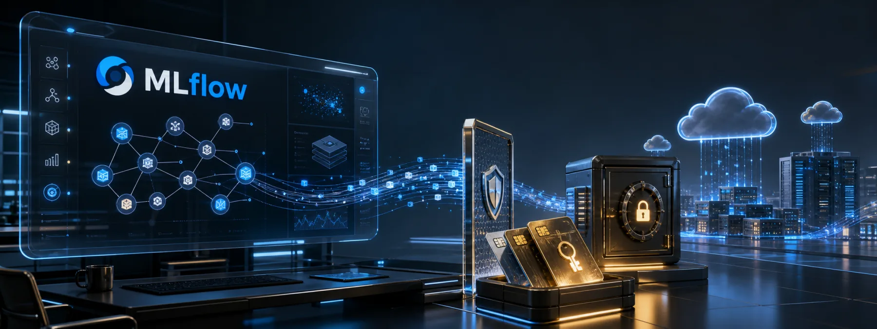 Editorial illustration of an AI tracking dashboard connected to cloud credentials and access controls