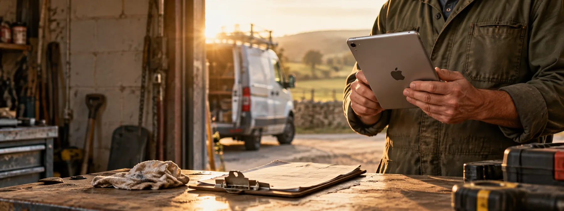 Editorial illustration of an Apple tablet and a clipboard used for field-service paperwork.