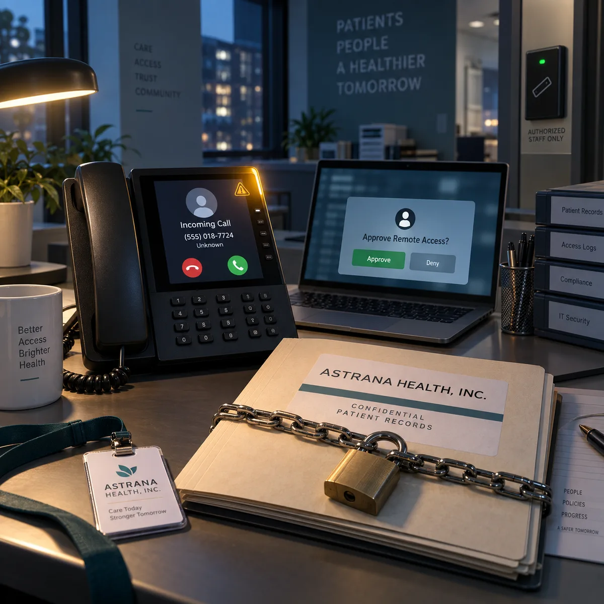 A healthcare office access desk with a spoofed caller warning and remote access approval prompt, shown as editorial technology artwork.