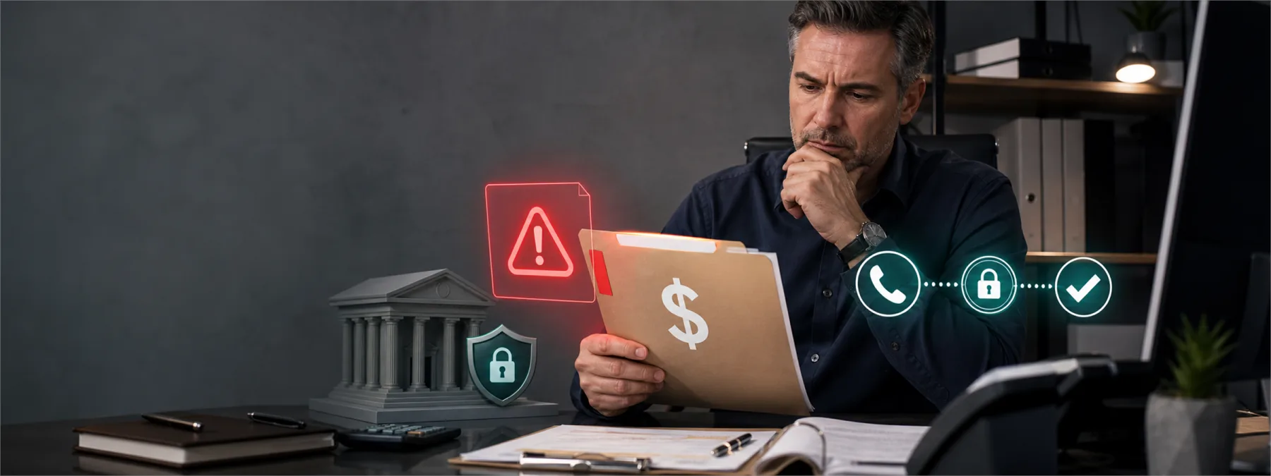 Editorial image of a business owner verifying an urgent payment request before money leaves the company.