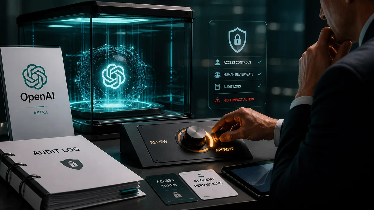 Editorial image of OpenAI Astra cyber-capable AI agent access controls with human review gates, logs, and business security oversight.