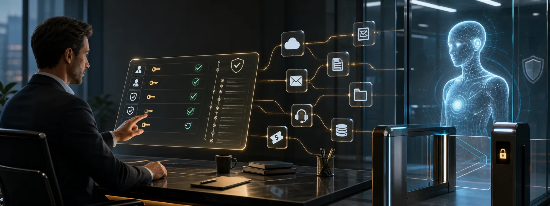 Business owner reviewing AI agent access permissions and approval controls on a modern technology workstation.