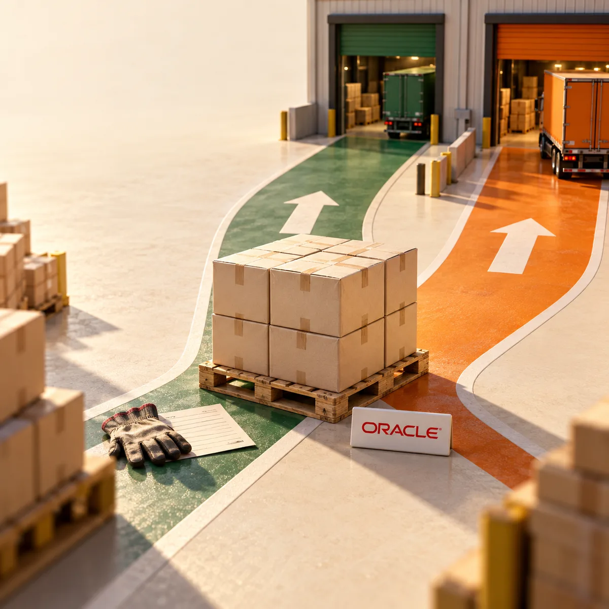 Editorial illustration of warehouse dispatch choices, a pallet of cartons, green and orange delivery routes and an Oracle identifier.