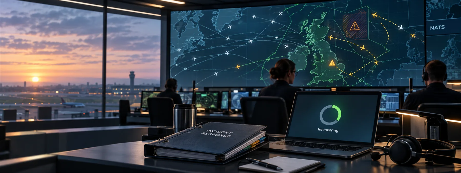 Editorial illustration of an air traffic operations screen with a recovery checklist for business continuity planning