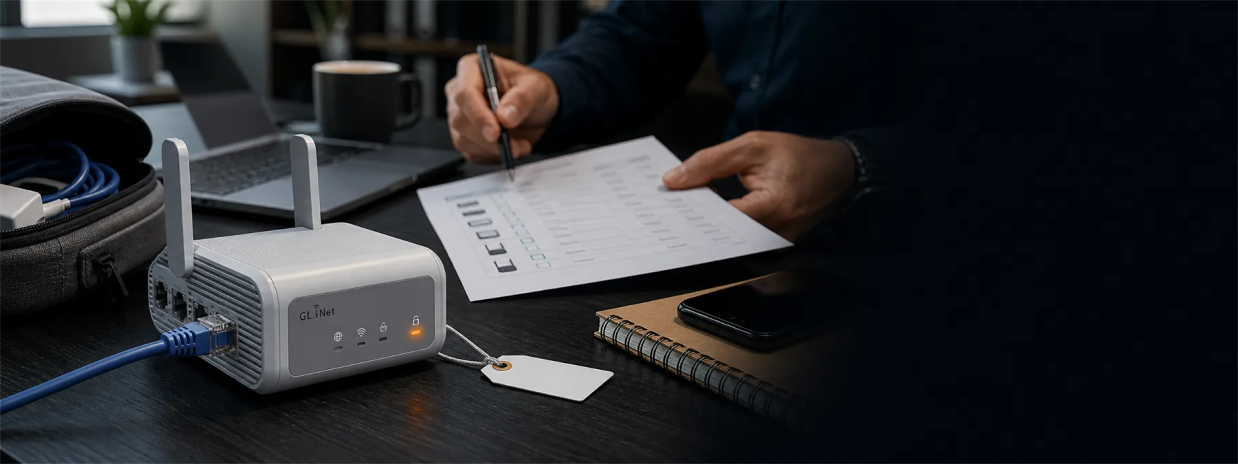 Business owner reviewing small router firmware inventory and remote access risk.