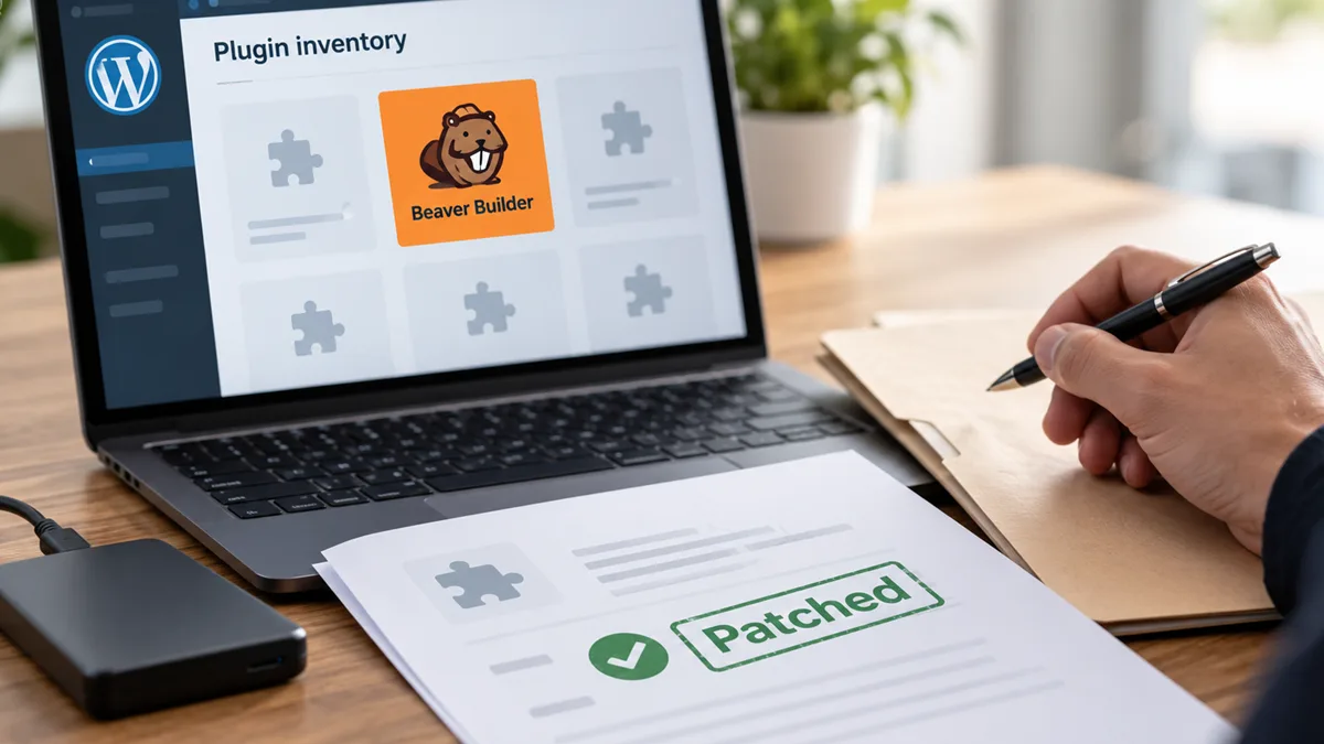 A business owner reviews a WordPress website plugin inventory with a highlighted Beaver Builder patch record.