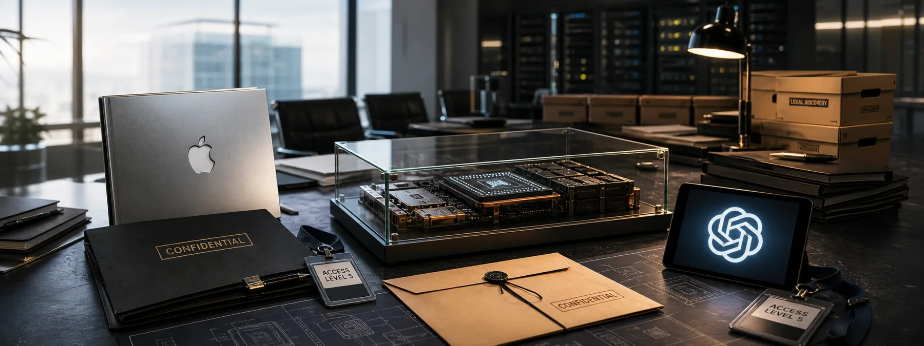 Editorial image showing Apple and OpenAI symbols near protected confidential files and AI hardware sketches.
