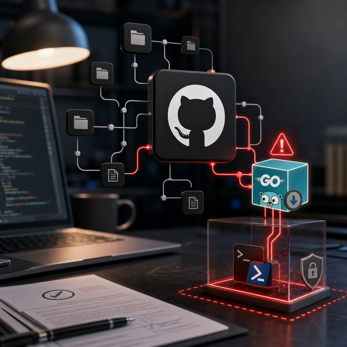 Editorial image of a GitHub-style repository screen connected to warning indicators and a developer workstation review scene.