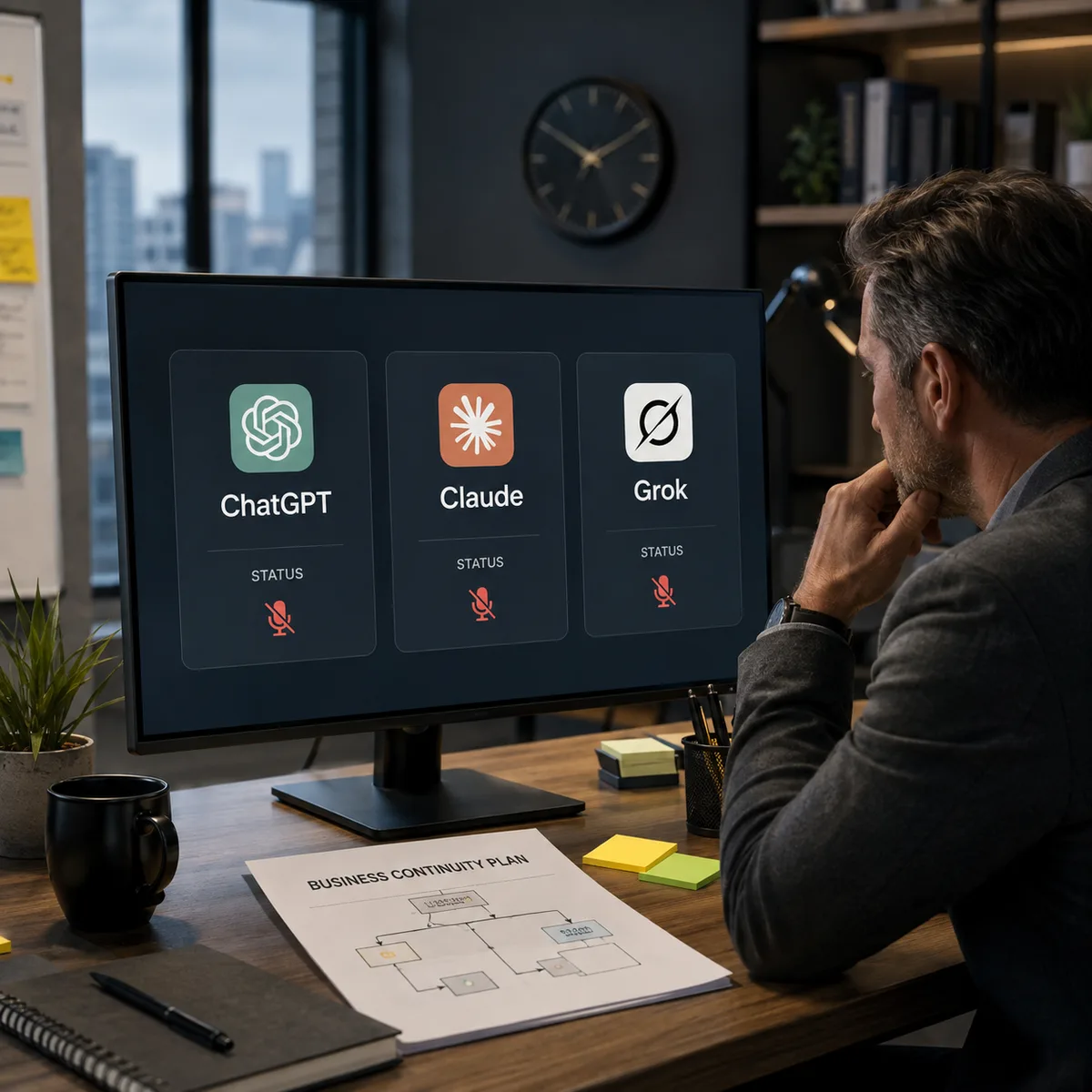 Editorial image of AI service status cards for ChatGPT, Claude, and Grok going quiet while a business continuity plan remains on the desk.