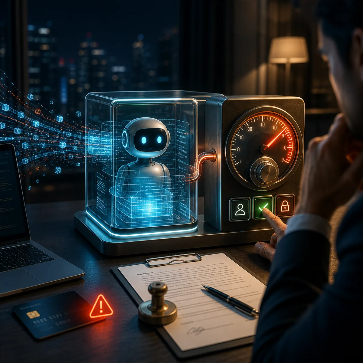 Editorial image of an AI agent spending meter with approval controls and a business owner reviewing usage limits.