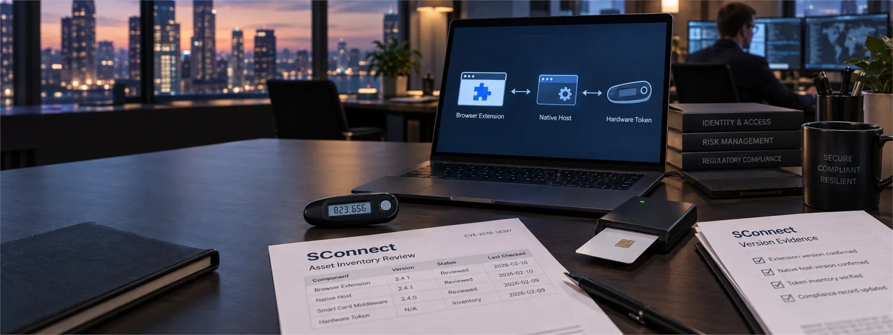 Editorial image of a business owner reviewing hardware-token authentication middleware, browser extensions, and version evidence for SConnect risk.