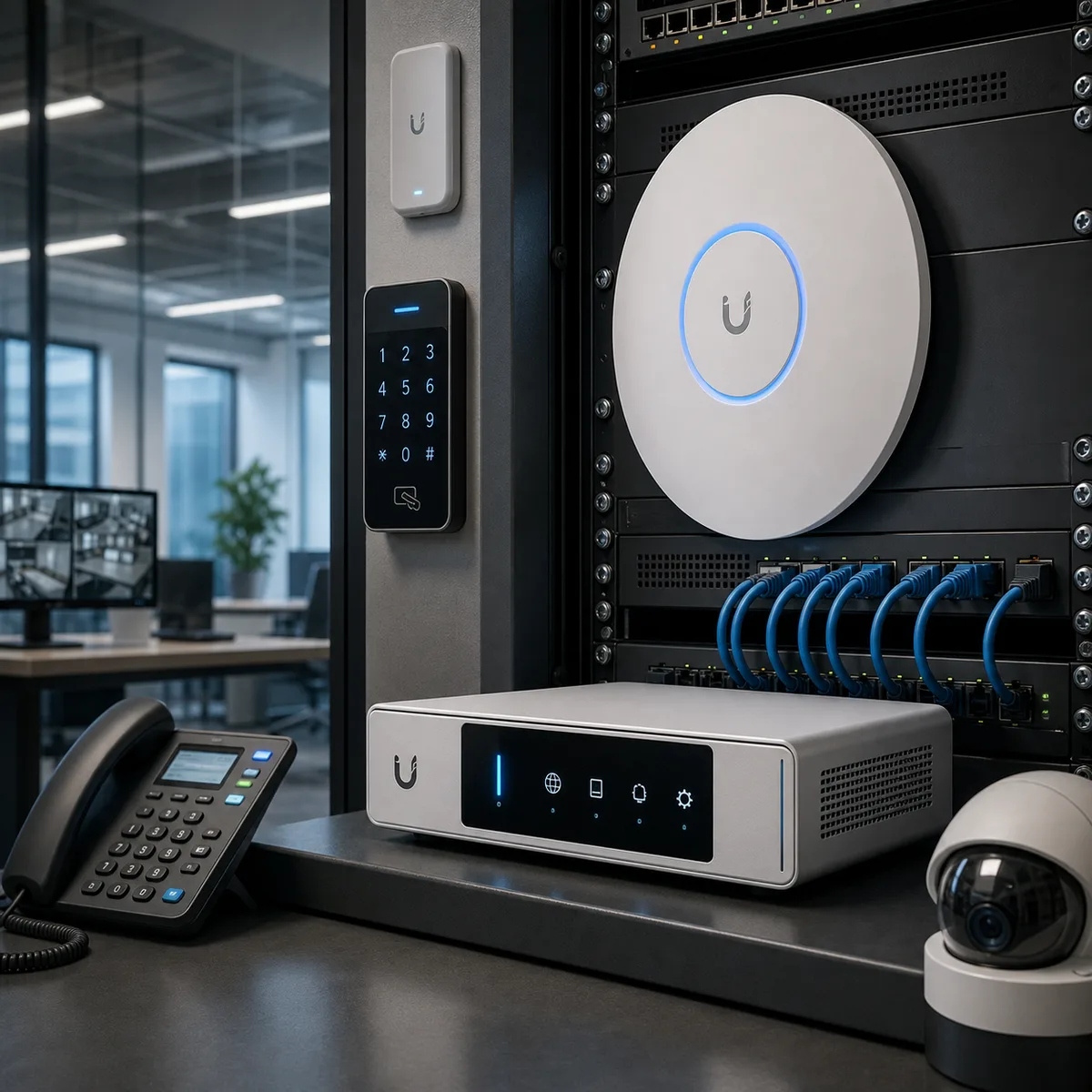 Editorial image about a Ubiquiti UniFi network controller, building systems, and patch ownership for business networks.