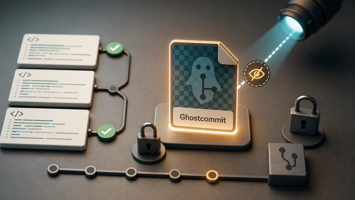 Editorial image showing an AI code review workflow missing a suspicious image file in a software repository.