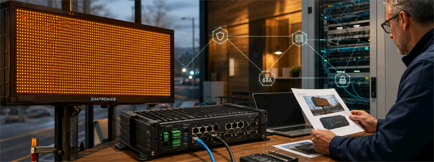 Editorial image showing a networked digital sign controller under firmware and password review, with vendor evidence and network segmentation context.