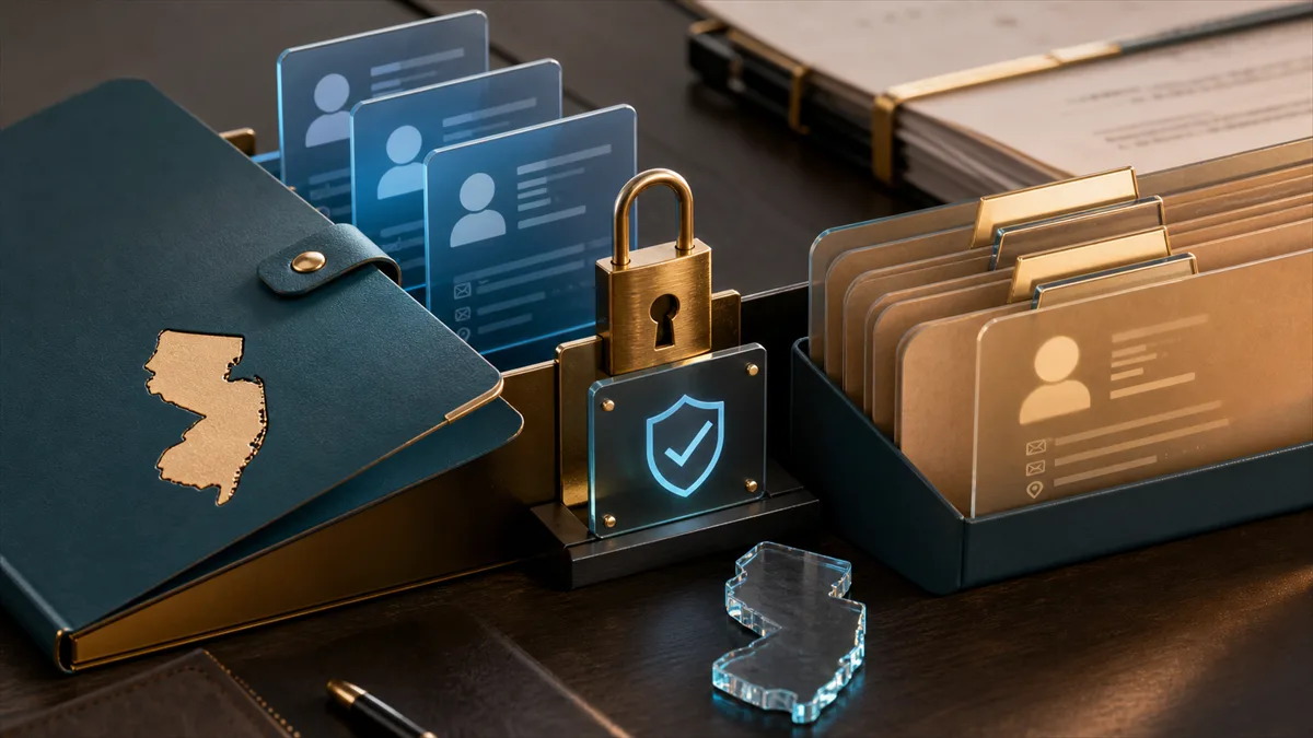 Editorial image about New Jersey data broker law, customer data sharing, and business vendor review.
